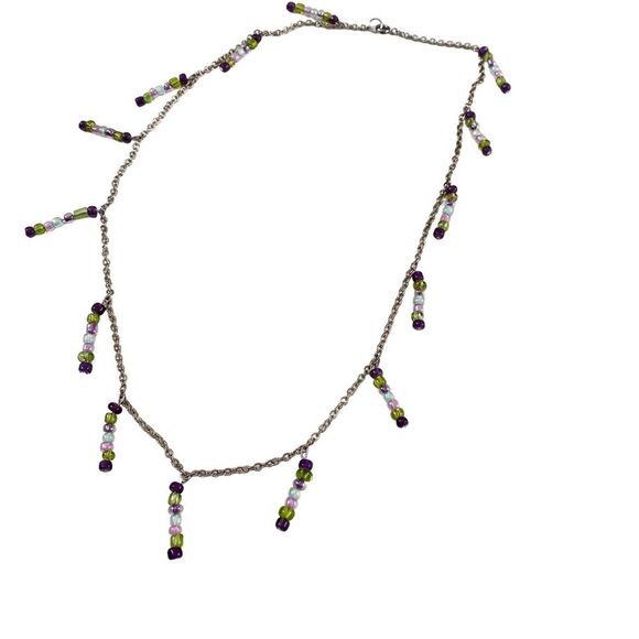 Handmade Silver Clasped Chain Beaded Purple Green Tassel Necklace - Picture 4 of 4